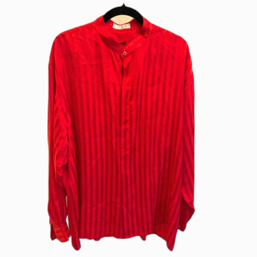 Genelli 100% Silk Red Shirt Blouse Top Size XXL Striped Long Sleeve Button Front